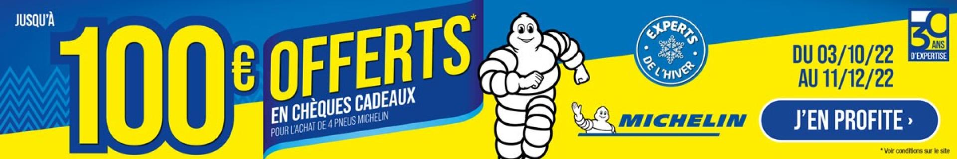 Jusqu'à 100€ offerts en chèques cadeaux pour l'achat de 4 pneus Michelin